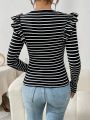 SHEIN Essnce Striped Ruffle Hem Long Sleeve T-shirt