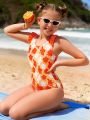 Girls Floral Print Ruffle Trim One Piece Swimsuit