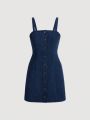 SHEIN MOD Women's Corduroy Square Neck Button Front Spaghetti Strap Dress