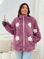 SHEIN Qutie Women's Plus Size Cute Purple Flower Furry Jacket