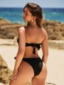 SHEIN Leisure U-Shaped Metallic Buckle Decor Strapless Bikini Set With Knotted Side Triangle Bottom