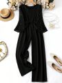 SHEIN LUNE Women's Plus Size Pearl Decorated Belted Jumpsuit