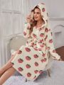 Strawberry Print Hooded Belted Flannel Robe