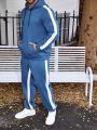 Extended Sizes Men's Plus Size Side Stripe Drawstring Hoodie And Sweatpants Two-piece Set