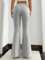 SHEIN SXY Ladies' Solid Color Flap Pocket & Side Striped Flared Pants