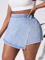 SHEIN Essnce Plus Size Women's Casual High Waist Fitted Frayed Denim Skirt Shorts