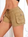 Drawstring Waist Flap Pocket Side Denim Shorts