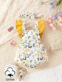 Baby Girl Flower Printed Romper With Lace Sleeves And Headband Included