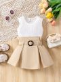 SHEIN Baby Girl'S Sleeveless Top & Khaki Paper Bag Waist Pleated Skirt Set With Waistband, For Vacation