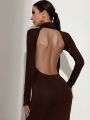 SHEIN BAE Solid Mock Neck Backless Longline Dress