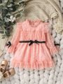 Baby Girls' Polka Dot Mesh Ribbon Splice Adorable Dress For Spring And Summer