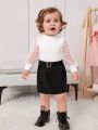 SHEIN Baby Girls' Elegant & Romantic Knitted Heart, Polka Dot Tulle Skirt With Belt Set