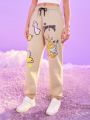 ROMWE X Care Bears Cartoon Letter Print Drawstring Waist Jogger Pants