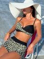 SHEIN Swim Classy Women'S Leopard Print Spliced Cross Halter Bikini Set