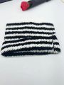 1pc Korean Style Cute Cat Ear Striped Knitted Hat For Women, Winter Ear Protection Warm Headgear