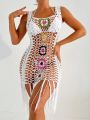 SHEIN Swim BohoFeel Women's Fringed Hem Crochet Shawl Cardigan Dress