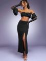 Asavvy Off Shoulder Ruffle Trim Crop Top & Split Thigh Skirt