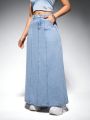 SHEIN ICON Women'S Light Blue Washed Long Denim Skirt With Side Slits