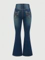 Grunge Punk Women's Rhinestone Decor Flared Jeans