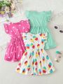 Baby Girls' Summer Cute Printed Flying Sleeve Dress 3pcs Outfit