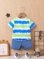 2pcs/set Infant Boys' Tie-dye Dinosaur Short Sleeve Top & Denim Shorts, Spring/summer Fashion Outfit