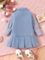 Baby Girl Two Tone Pleated Hem Button Front Denim Dress