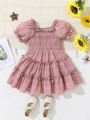 SHEIN Baby Girls' Ruffle Edge Frock With Puff Sleeves And Decorative Border