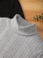SHEIN Teen Girls' Knit Fleece Pitted Striped High Neck Long Sleeve T-shirt 2pcs/set