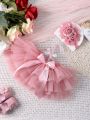 Baby Girls' Mesh Tutu Skirt And Rose Flower Headband Set, Perfect For Newborn Photography