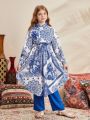 SHEIN Kids Nujoom Loose And Casual Geometric And Floral Patterned Long Shirt And Pants Two-Piece Set For Tween Girls