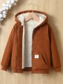 SHEIN Kids EVRYDAY Tween Boy Letter Patched Detail Fuzzy Lined Hooded Jacket