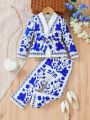 Young Girl'S Flower Printed Long Sleeve Jacket And Pants Set For Spring/Summer