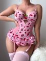 Women's Cherry Print Mesh Splice Sexy Lingerie Set