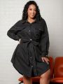 SHEIN CURVE+ Plus Size Seam Detail Dropped Sleeves Belted Shirt Dress