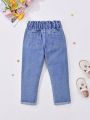 Young Girl Floral Embroidery Paperbag Waist Bow Front Jeans