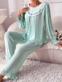 Contrast Lace Ruffle Trim Flounce Sleeve PJ Set