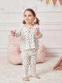 Baby Girls' Regular Fit Cute Floral Number Printed Lace Trimmed Collar Long Sleeve Top And Long Pants Set For Home Wear