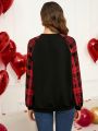 EMERY ROSE Valentine's Day Heart & Checkered Print Raglan Sleeves Casual Sweatshirt