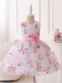 Little Girls' Sleeveless Party Dress With 3d Floral Decoration, Lace Floral Pattern