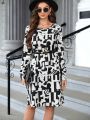 EMERY ROSE Women's Abstract Print Round Neck Long Sleeve Dress