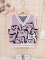 SHEIN Girl's V-neck Cat Pattern Casual Tank Top Sweater