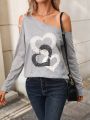 SHEIN LUNE Women'S Heart Printed Asymmetrical Shoulder T-Shirt