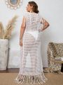 SHEIN Swim BohoFeel Plus Size Women's One-piece Fringe Detail Tie-front Kimono