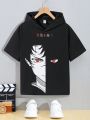 SHEIN Kids HYPEME Tween Boy Casual Street Style Cartoon Print Hooded Short Sleeve T-Shirt