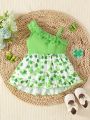 Baby Girls' Elegant Clover Pattern Patchwork Dress With Ruffle Hem