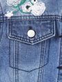 Girls' Flower Embroidery Water Wash Denim Jacket (For Teenagers)