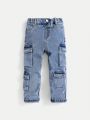 SHEIN Young Boy Multi-Pocket Washed Denim Casual Pants