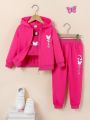 Little Girls' 3pcs/Set Butterfly Printed Strap Vest, Leggings And Zippered Hooded Sports Sweatshirt For Spring And Autumn