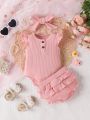 SHEIN Baby Girls' Ribbed Cute Bodysuit Set, Simple And Lovely, For Newborns