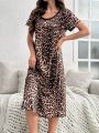 Leopard-print Loose-fit Short Sleeve Pajamas With Round Neck